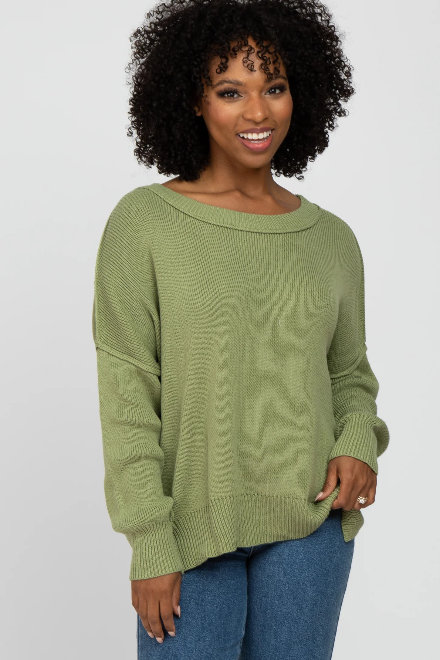 Light Olive Exposed Seam Side Slit Sweater | PinkBlush Maternity