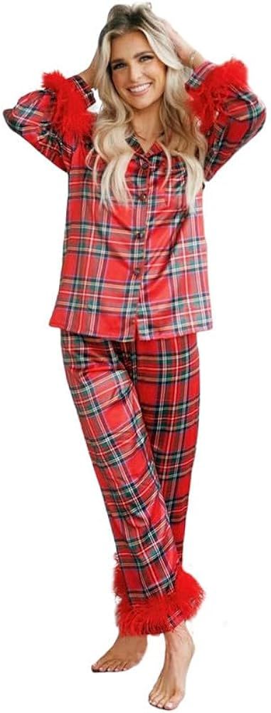 Thopavenoir Women Christmas Pajamas Set Satin Furry Trim Outfit Set Long Sleeve Button Down Plaid... | Amazon (US)