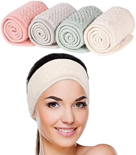 Whaline 4 Pack Spa Facial Headband Super Absorption Makeup Hair Wrap Adjustable Coral Fleece Hair... | Amazon (US)