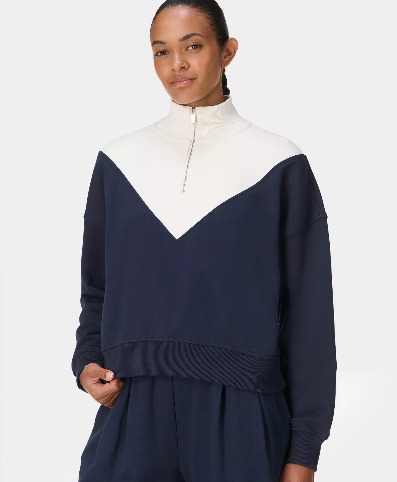 Revive Crop Half Zip - Navy Blue Lily White | Women's Jumpers + Hoodies | Sweaty Betty | Sweaty Betty UK