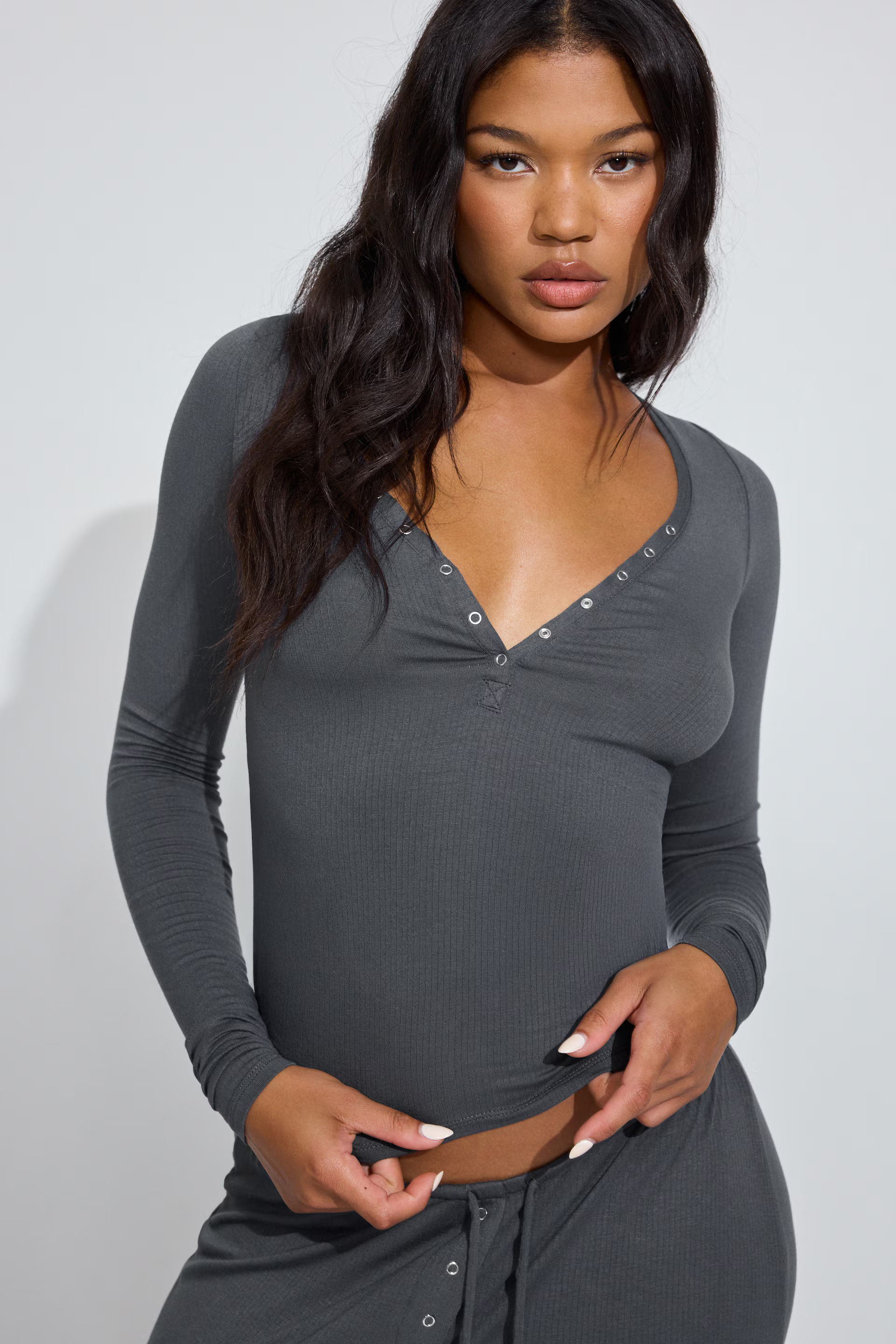 Sheer Ribbed Henley Long Sleeve Top | Garage Clothing
