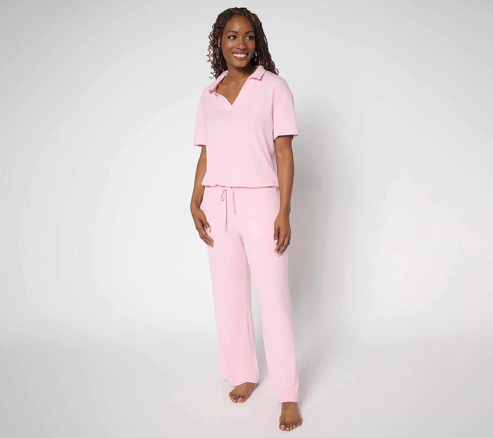 As Is MUK LUKS Rib Knit Short Sleeve Collared Lounge Set | QVC