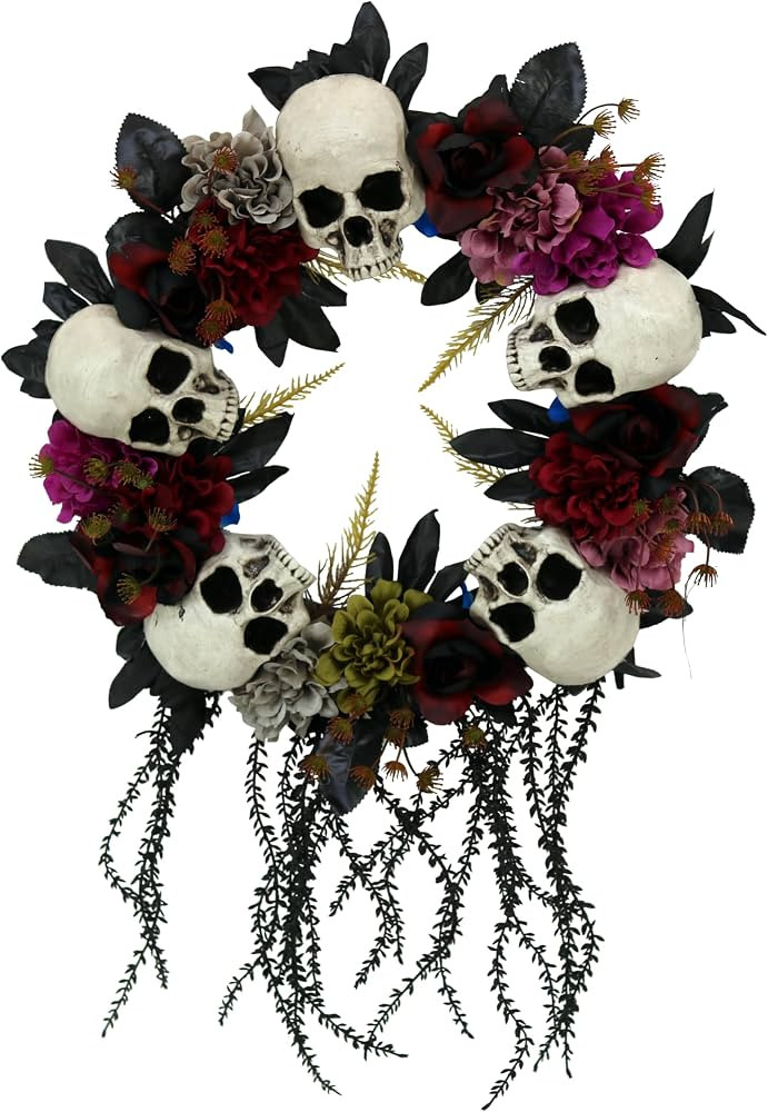 Haunted Hill Farm 24-In. Hanging Wreath with Skulls, Fall Flowers, and Vines, Front Porch Decor, ... | Amazon (US)
