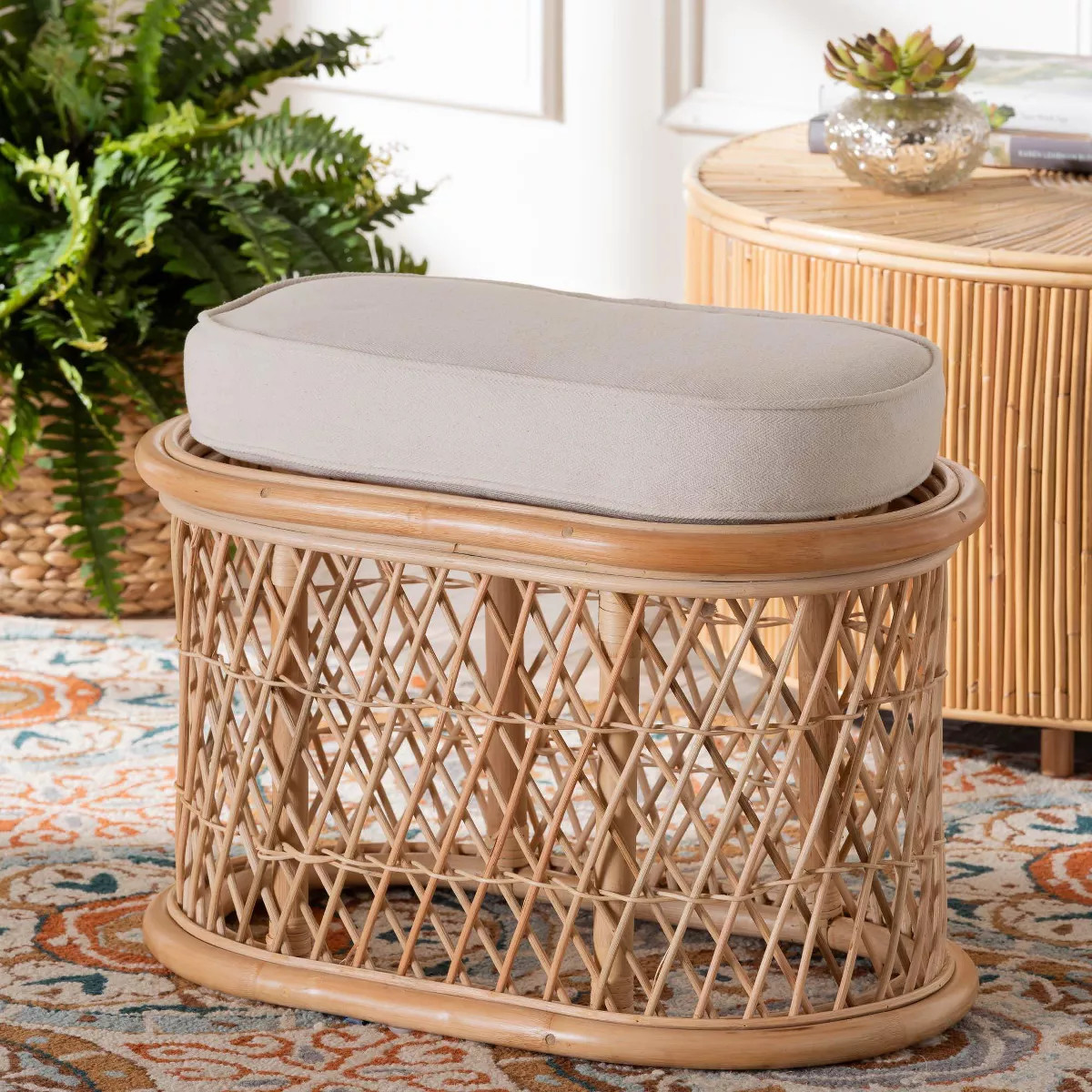 bali & pari Ladonna Natural Rattan Ottoman Footstool Natural: Upholstered Indoor Bench, Oval Shap... | Target
