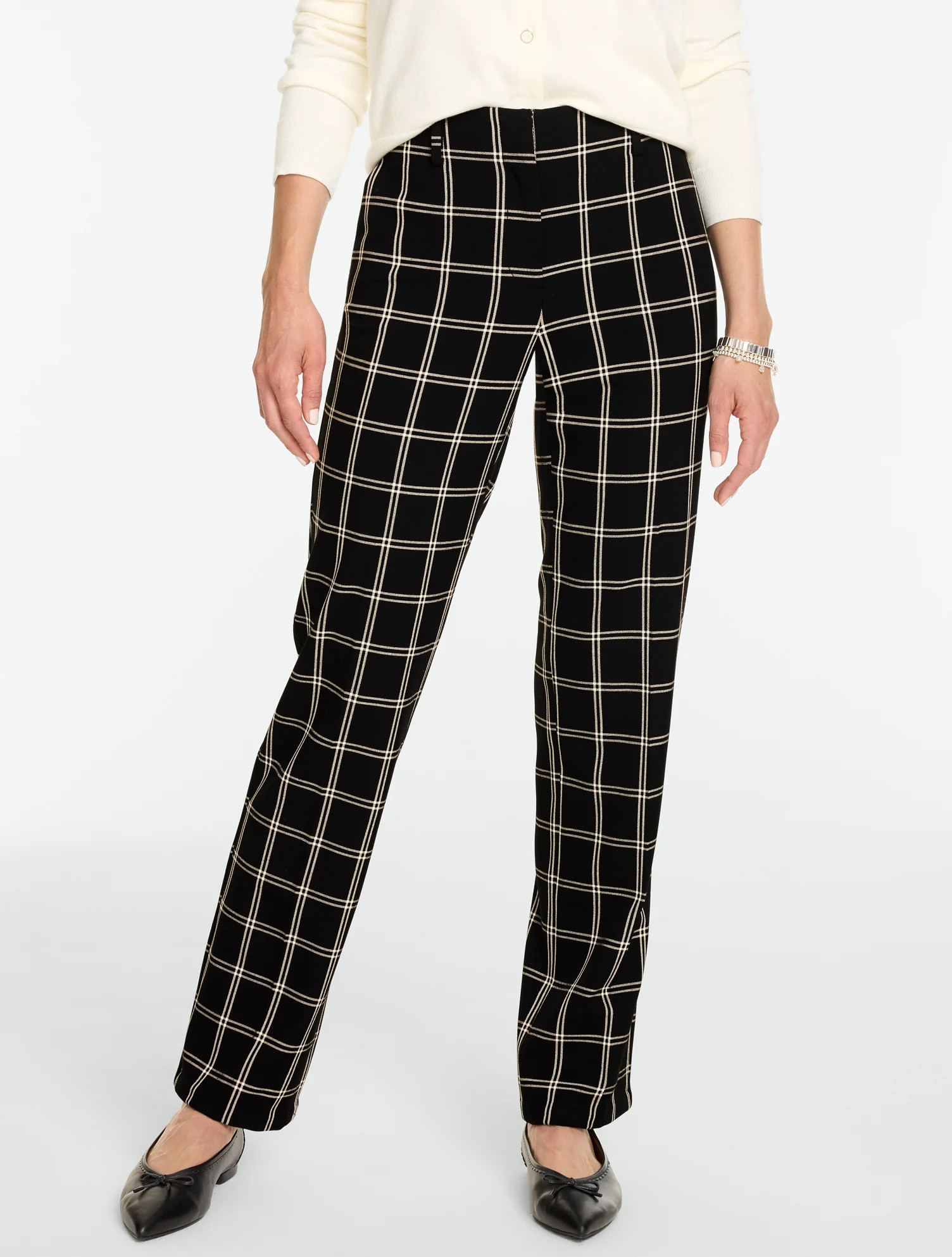 Petite - Talbots Southampton Tailored Stretch Straight Leg Pants - Double Windowpane - Black/Ivory - 0 | Talbots
