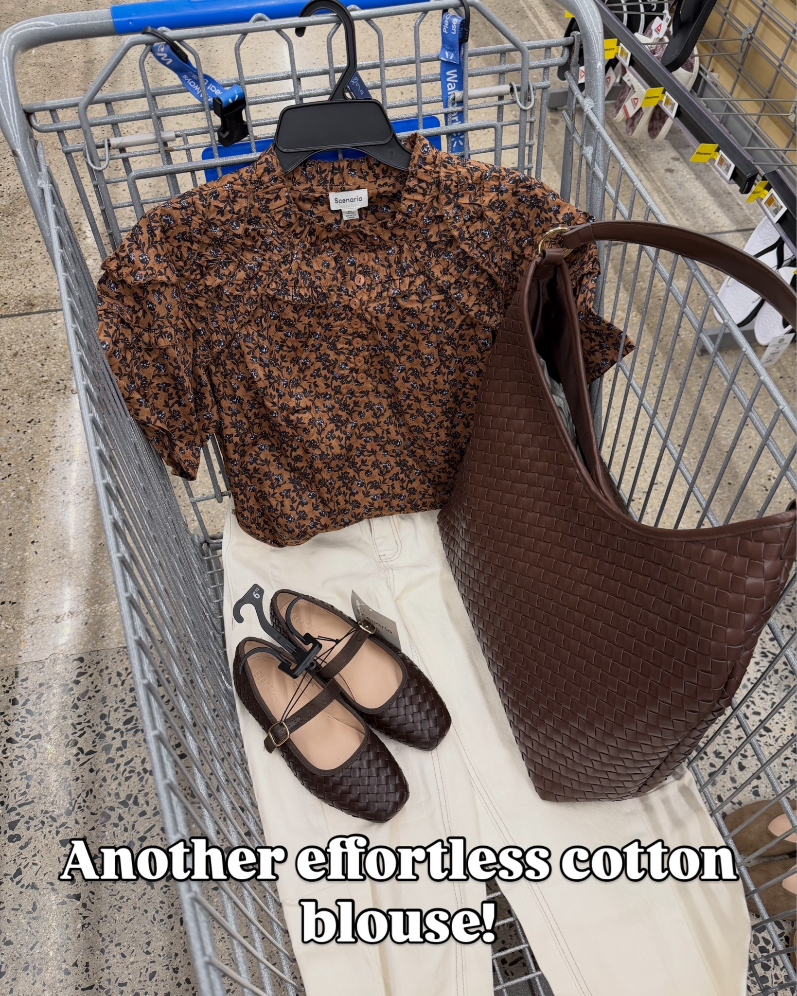 Walmart fall outfit idea with short sleeve cotton blouse and white barrel jeans, chocolate brown faux leather tote handbag and mary Jane flats. #walmartfashion