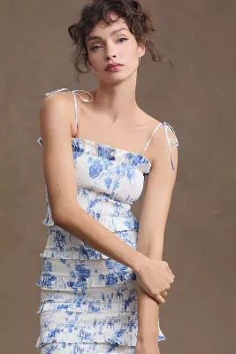 V. Chapman Lily Ruched & Ruffled Stretch Satin Midi Dress | Anthropologie (US)