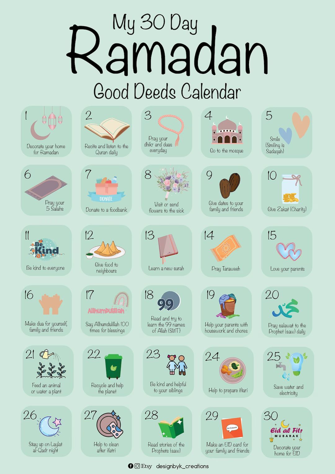 My 30 day Ramadan Good Deeds Calendar | Ramadan | Ramadan Calendar | 30 days | Islamic Prints | A... | Etsy (US)