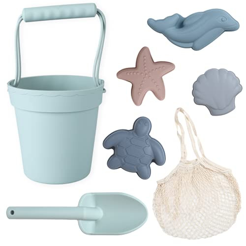 BLUE GINKGO Silicone Beach Toys - Modern Baby | Travel Friendly Set Bucket, Shovel, 4 Sand Molds, Bag for Toddlers, Kids Green | Amazon (US)