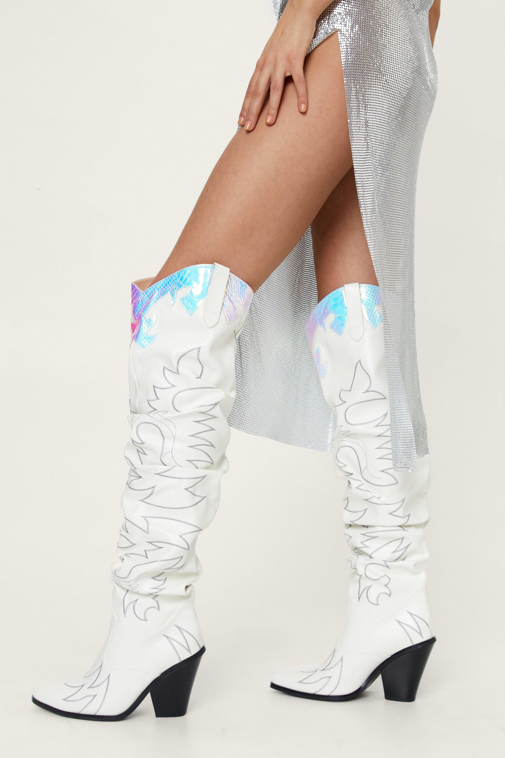 Faux Leather Contrast Thigh High Western Boots | Nasty Gal (US)