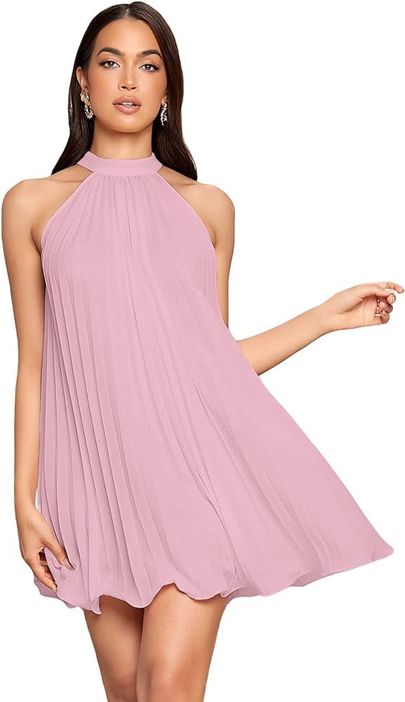 SweatyRocks Women's Casual Sleeveless Tie Back Halter Dress Mini Swing Pleated A-line Loose Dress | Amazon (US)