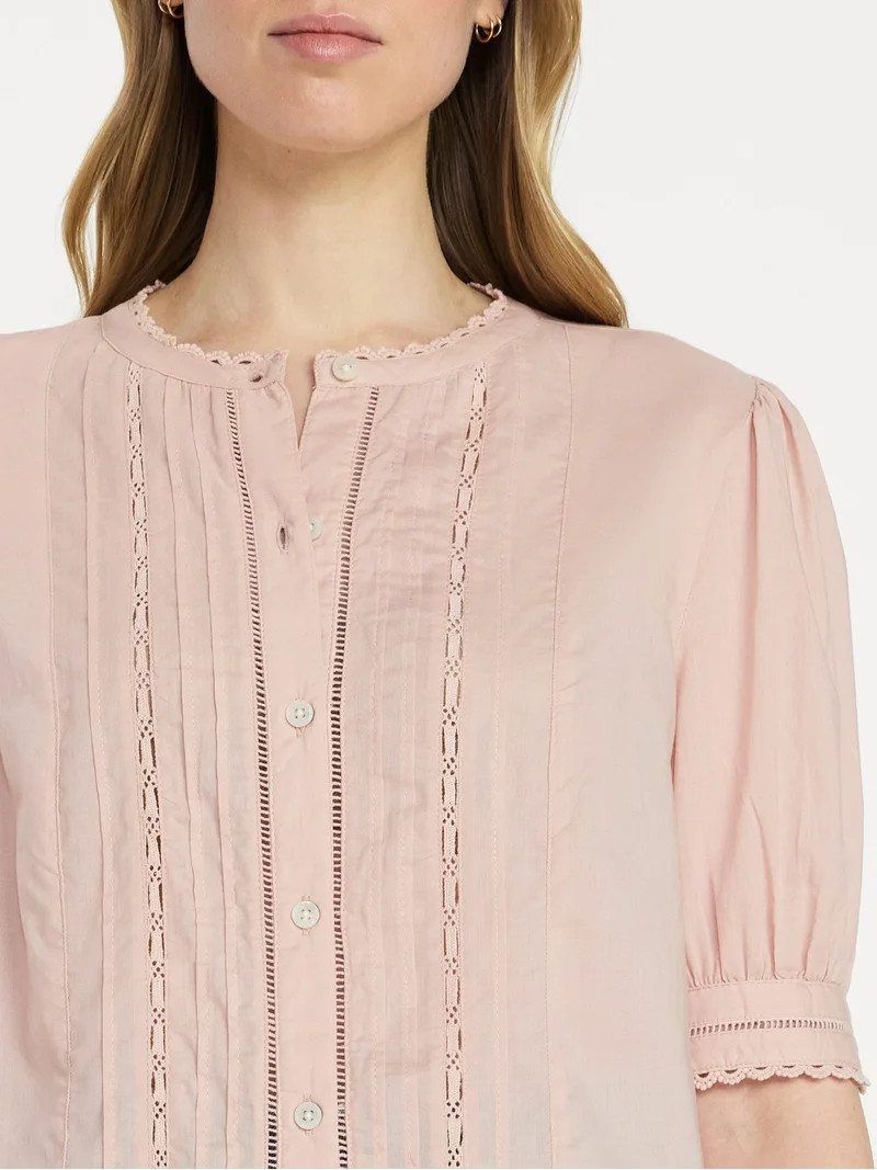 Time and Tru Women's and Women's Plus Cotton Lace Inset Blouse with Elbow Length Sleeves, Sizes X... | Walmart (US)