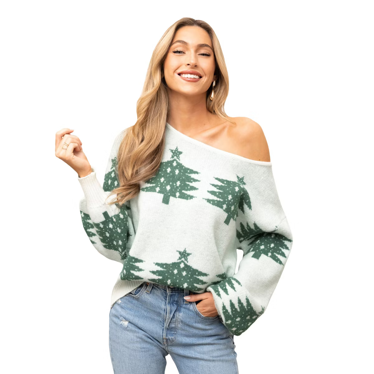 Women's Festive Christmas Tree Off-Shoulder Fuzzy Knit Sweater -Cupshe | Target