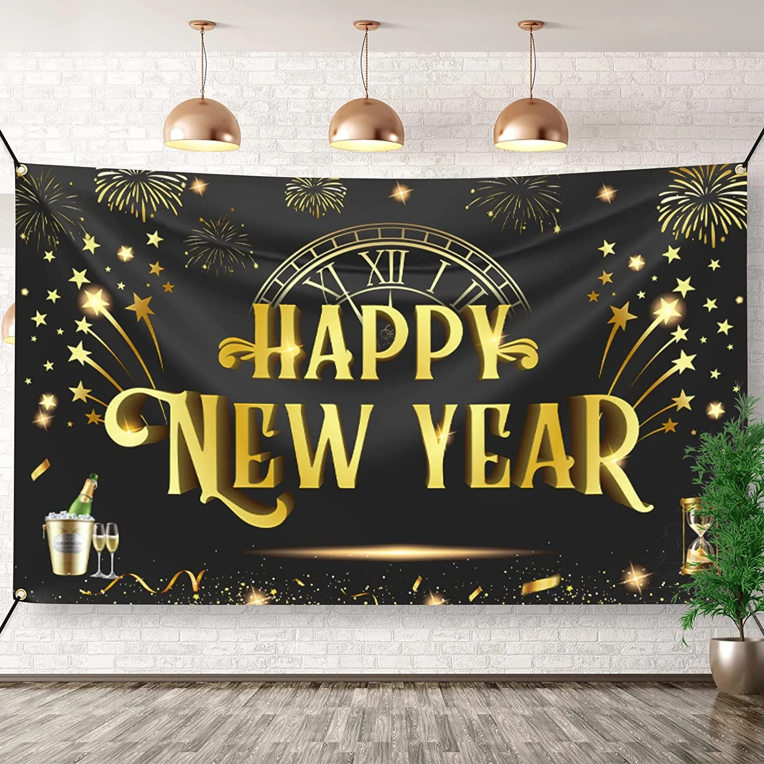 Happy New Year Banner, Large Gold Happy New Year Backdrop 2025 New Year Eve Decorations Flag Ball... | Walmart (US)