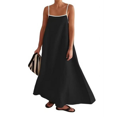 Coolmee Women's Linen Dress Summer Loose Flowy Sundress Contrast Spaghetti Strap Sleeveless Backless Beach Maxi Dresses Black L | Target