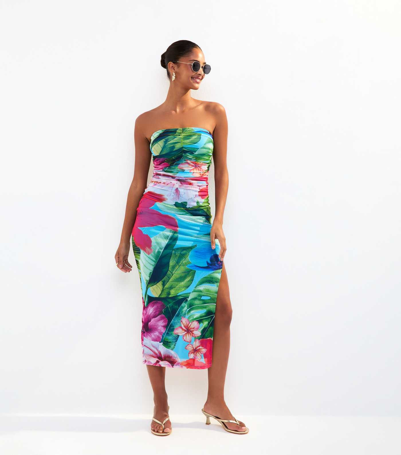 Blue Tropical Print Mesh Bandeau Dress | New Look | New Look (UK)