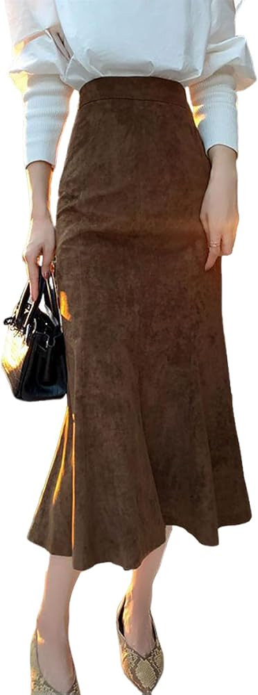 Womens 2025 Fall Faux Suede Skirt High Waist Fishtail Skirt Casual Long Leather Skirt | Amazon (US)