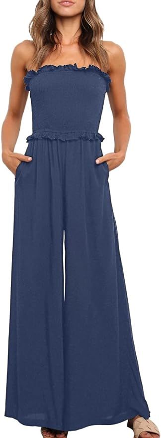 BLENCOT Womens Casual Loose Sleeveless Off Shoulder Strapless Jumpsuits Long Pant Romper Jumpsuit... | Amazon (US)