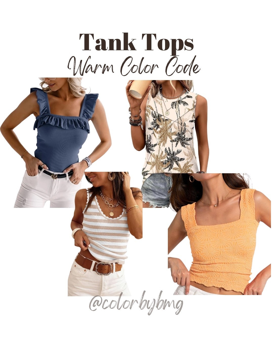 Warm Color Code Tank Tops
Color:
1. Blue
2. Khaki Stripe
3. Graphic Palm Tree
4. Sunset Orange
