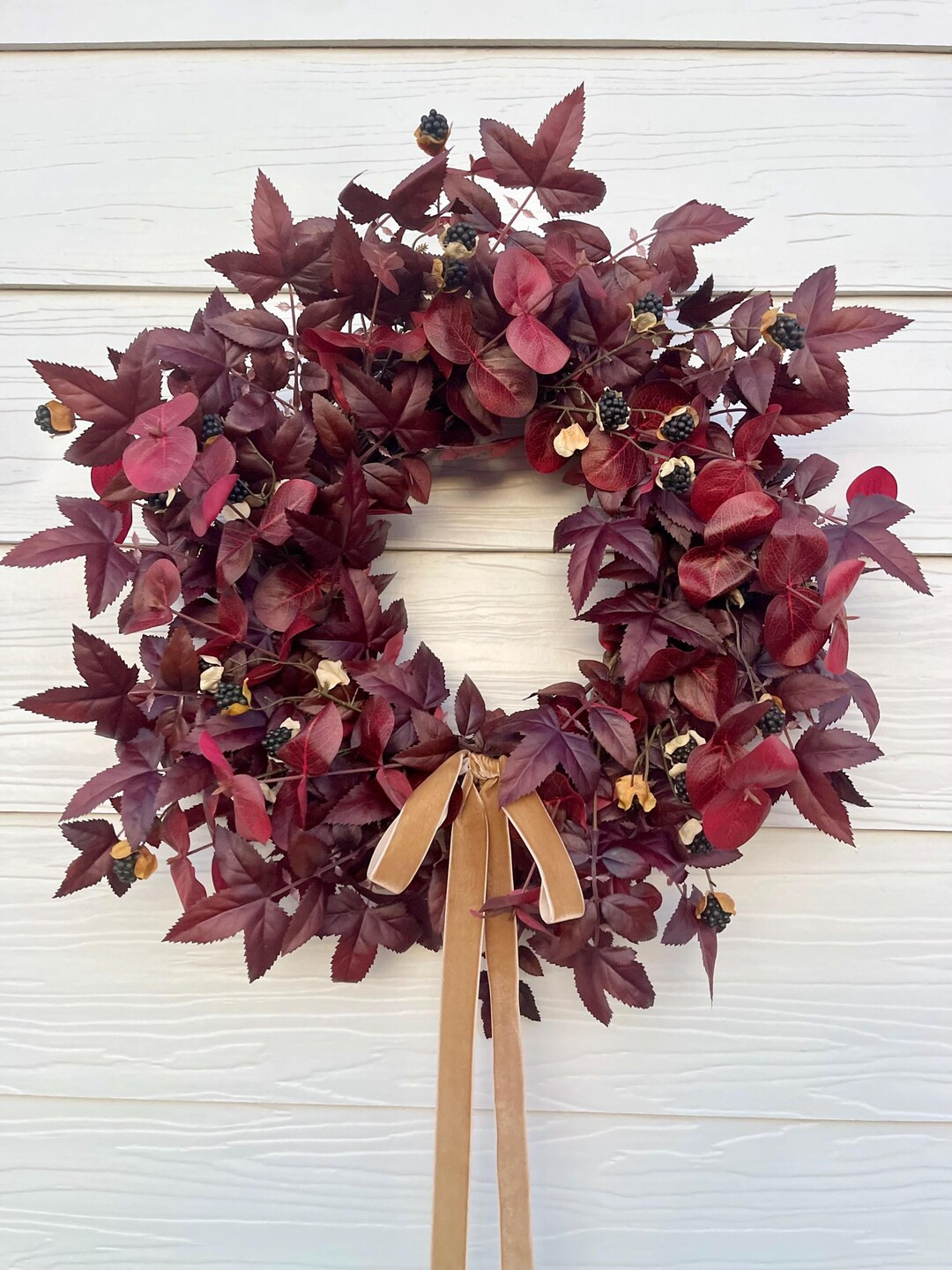 Deep Burgundy Maple & Eucalyptus Wreath With Blackberries and Velvet Ribbon, Faux Floral Fall Doo... | Etsy (US)