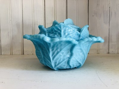Porteiux Vallerysthal Blue Opaque Opaline Milk Glass Cabbage Leaf Covered Dish | eBay AU
