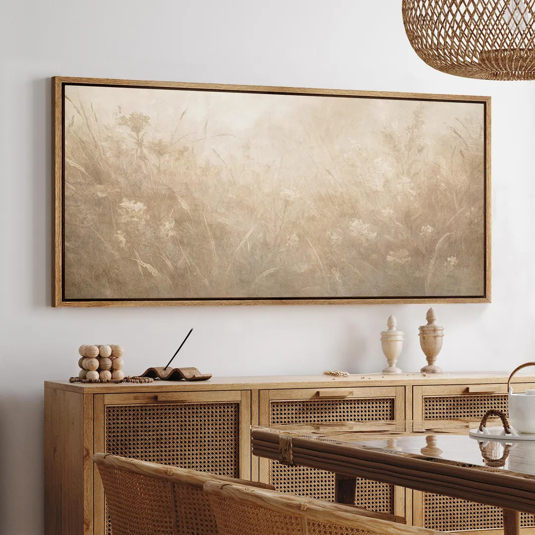 Large Framed Wildflower Meadow Wall Art, Soft Beige Field Landscape Canvas Print, Minimal Neutral... | Etsy (Global)