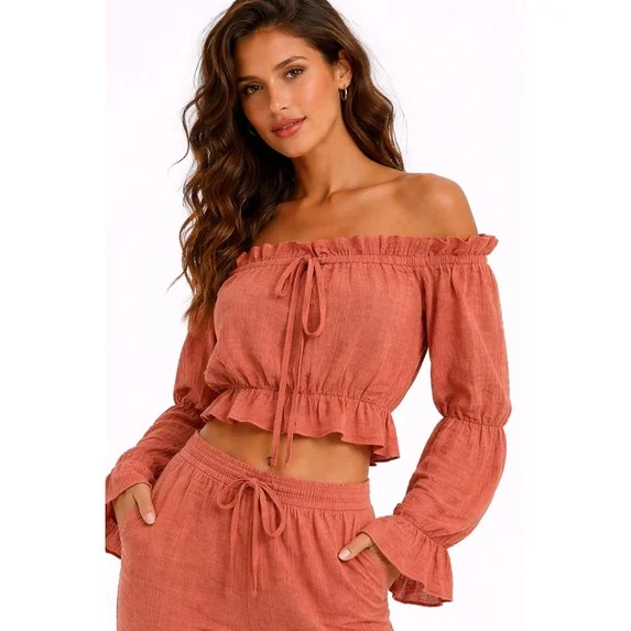 Forever 21 WGA Off Shoulder Long Sleeve Crop Top, Color- Salmon, Size- S | Walmart (US)
