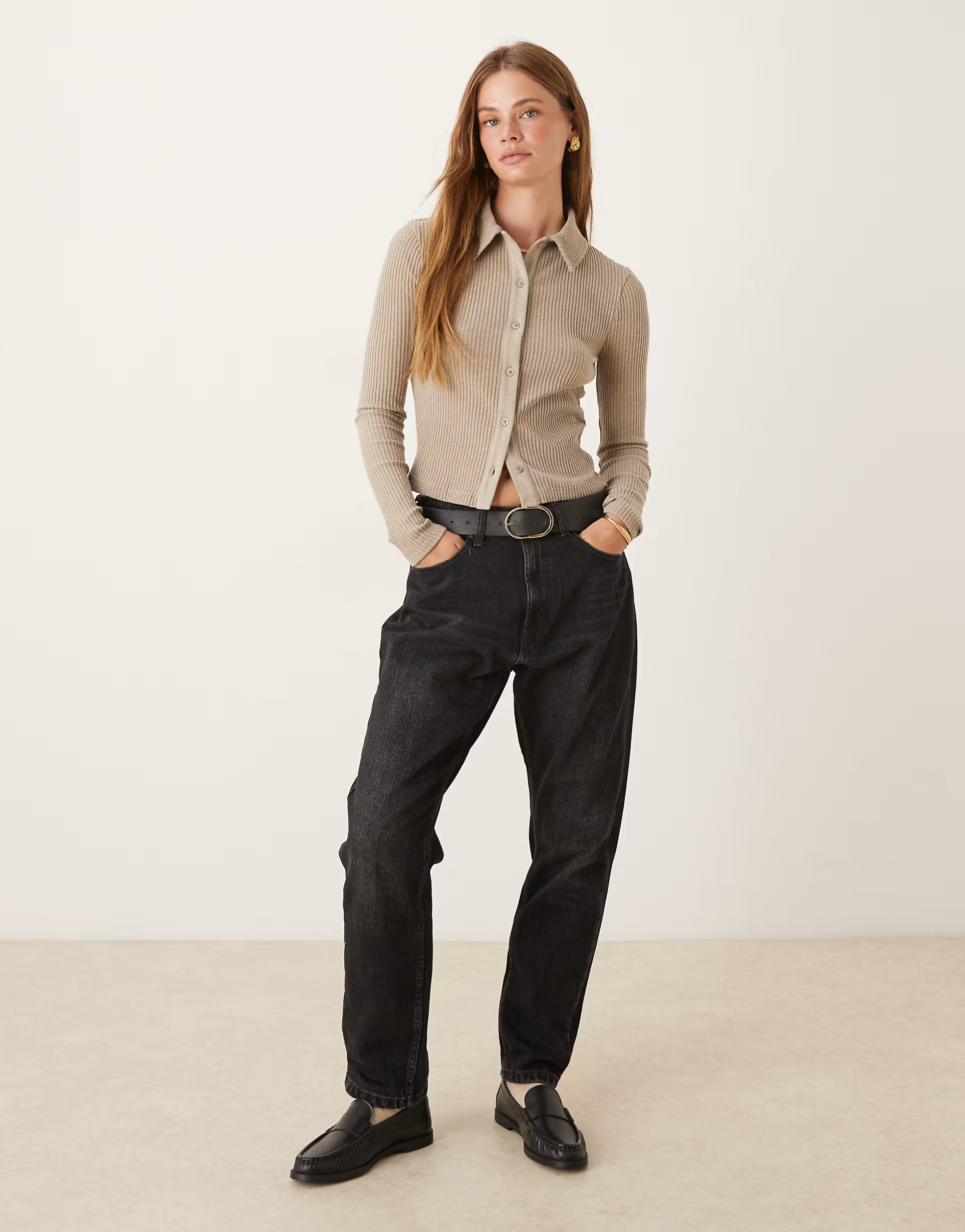 ASOS DESIGN Supersoft shrunken brushed rib knit collared cardigan in heathered taupe | ASOS | ASOS (Global)