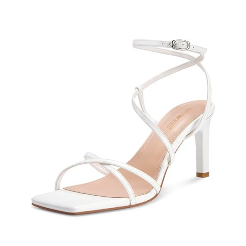 wetkiss White Heels for Women White Strappy Heels Womens Heeled Sandals Ankle Strap Heels White High Heel Sandals Square Toe Open Toe Sandals Stiletto Summer Heels Comfortable Prom Dressy Shoes | Amazon (US)