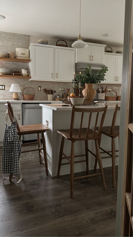 Windsor style counter stool, turned leg, brass shelf rail, pendant light, glass doorknob 

#LTKhome