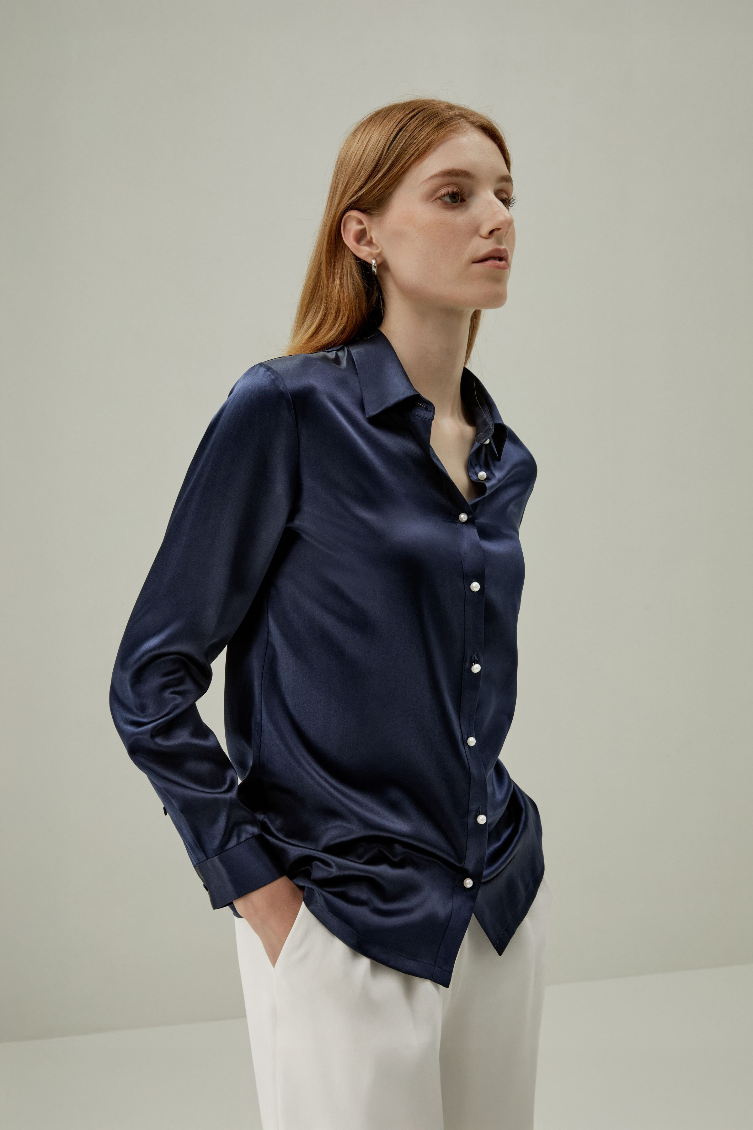 Women Classic Pearl Button Silk Shirt | LilySilk