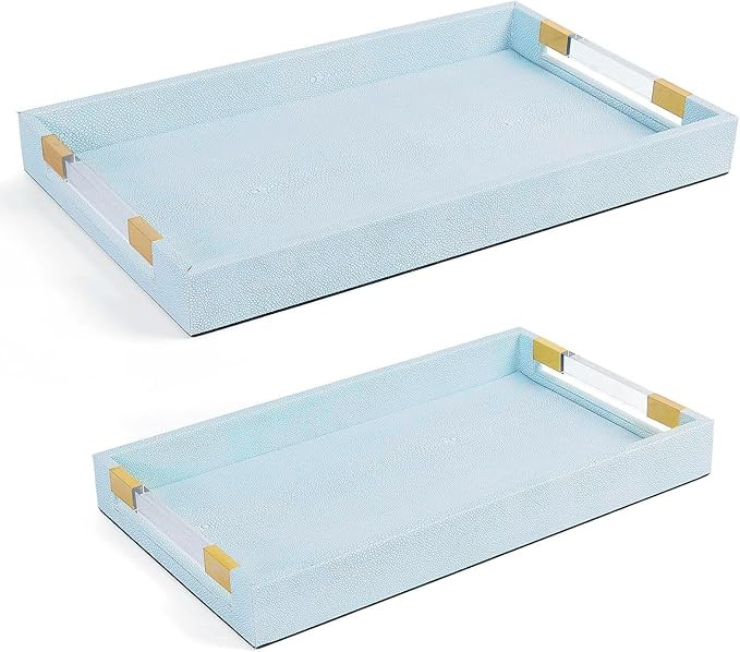 2 Pack Large Ottoman Tray Shagreen Decorative Tray Serving Tray with Acrylic Gold Handles, Ice Bl... | Amazon (US)