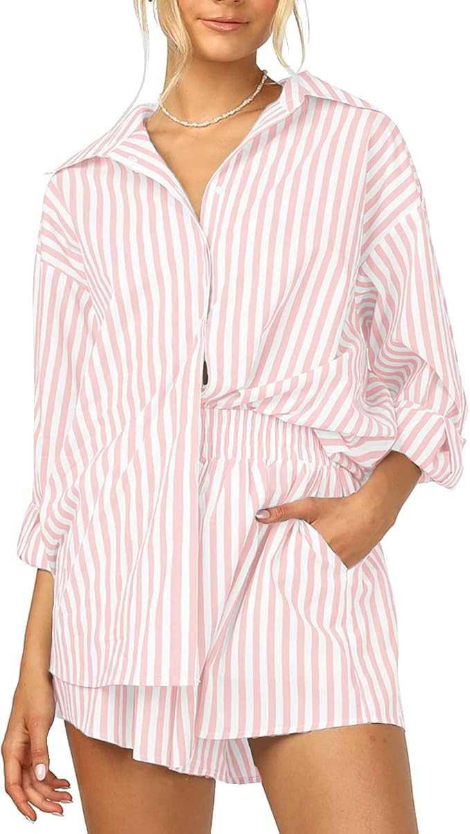ISZPLUSH Women’s 2 Piece Casual Sets Outfits Sets Relaxed Long Sleeve Shirt Loose High Waisted ... | Amazon (US)