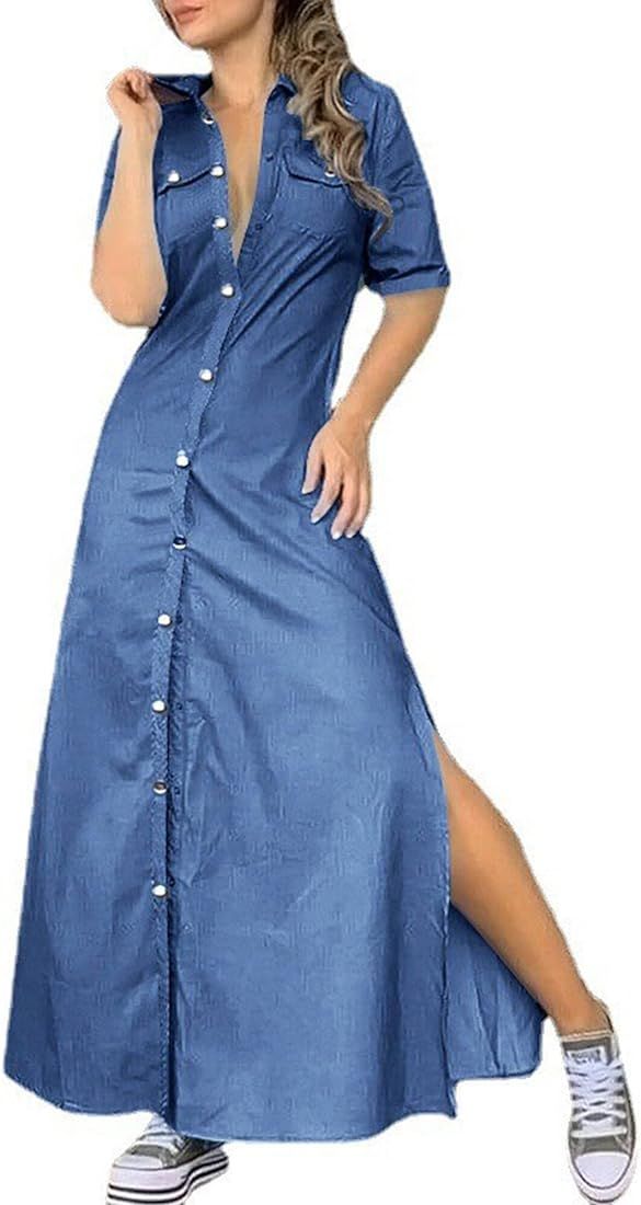 Colisha Women's Vintage Short Sleeve Jean Shirt Dress Button Up Shift Denim Long Maxi Dresses Sid... | Amazon (UK)
