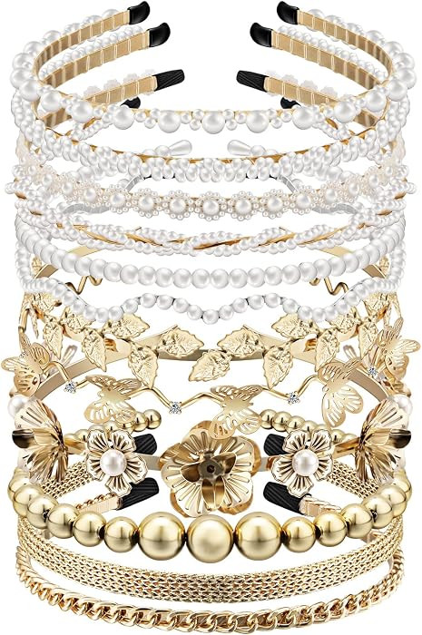 12 Pcs Pearls Headband Rhinestones Hairbands Faux Pearl White Bridal Headband Gold Alloy Flower H... | Amazon (US)