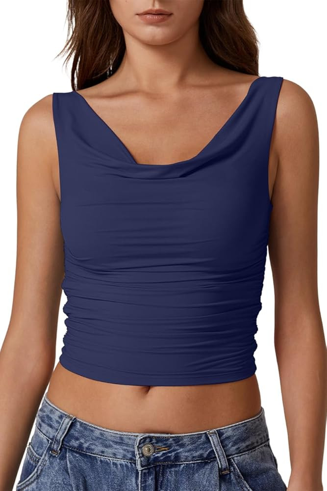 QINSEN Women's Cowl Neck Top Sleeveless Ruched Double Lined Crop Top Y2k T Shirts | Amazon (US)