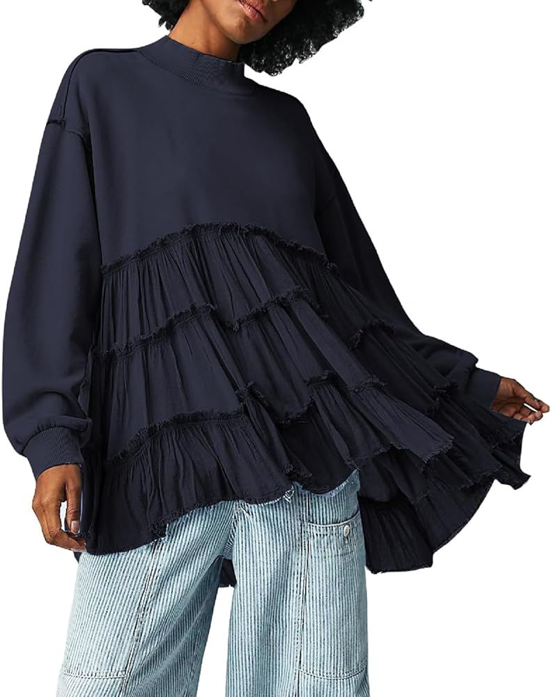 Women Oversized Sweatshirt Dress Long Sleeve Crew Neck Y2k Pullover Tops Loose Fit Patchwork Ruff... | Amazon (US)
