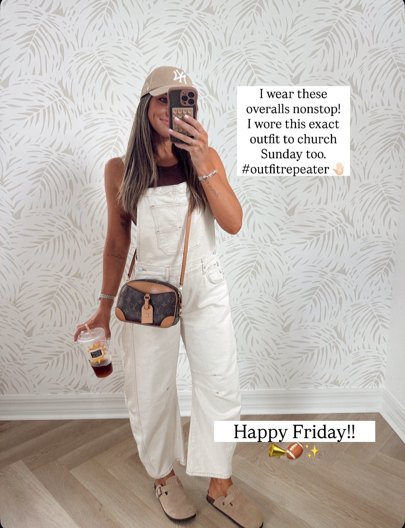 XS in my fave overalls. I truly wear these all the time. They’re the prettiest cream color with brown trim so they’re great to go into fall!  So comfy too  // small tank — best ever because this has built in padding!!!! 