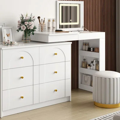 Vanity Desk With Mirror And Lights, Makeup Vanity Table With Flip-Top Tabletop And Storage 7 Drawers, 9 Compartments, 3 Shelves, 3 Color Modes Adjusta | Wayfair North America