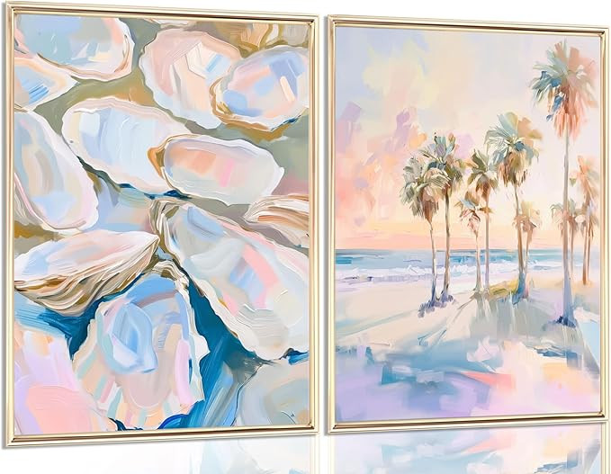 2Pcs Colorful Pastel Oyster Shell Wall Art Palm Tree Prints Canvas Aesthetic Sunset Posters Tropi... | Amazon (US)