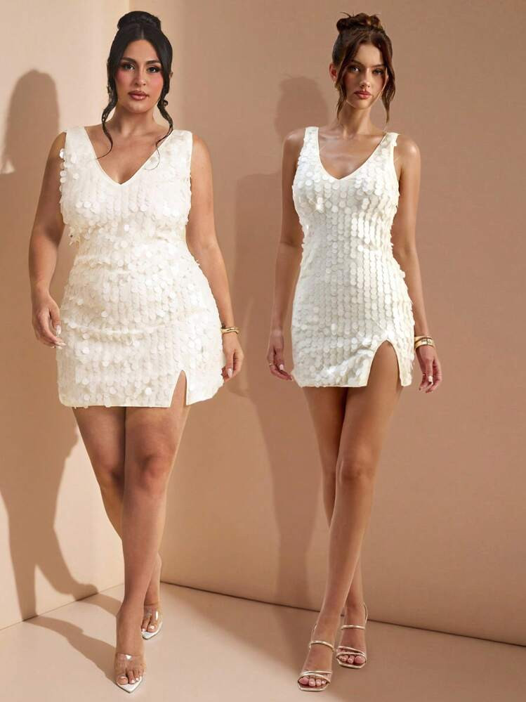 SHEIN BAE Plus Size Deep V-Neck Bodycon Mini Dress With Slit, Tight Fit, Suitable For Banquet, Event, Party, Cocktail Party, Night Out | SHEIN