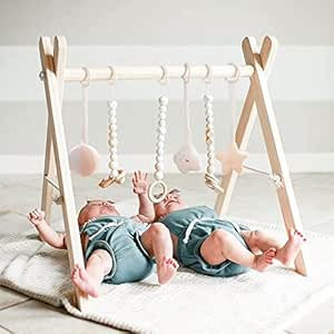 funny supply Wooden Baby Gym with 6 Gym Toys Foldable Baby Play Gym Frame Activity Center Hanging... | Amazon (US)