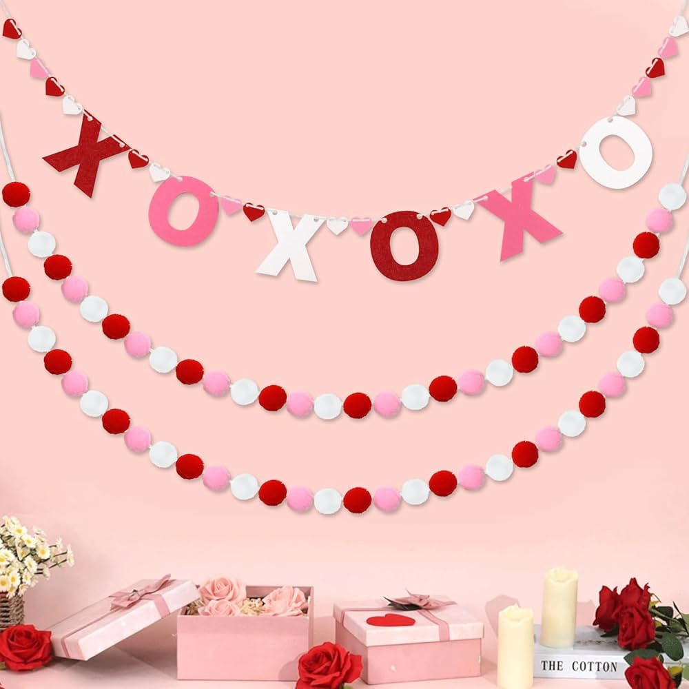 3pcs Valentine's Day Felt Ball Garland Valentine Garland Decoration 10 Ft Long Red Pink Hanging B... | Amazon (US)