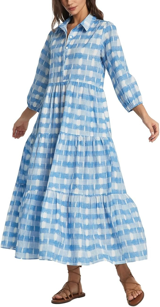 D-Sun Women Long Sleeve Maxi Dress V Neck Button Down Flowy Tiered Ruffle Shirt Dress Casual Fall... | Amazon (US)