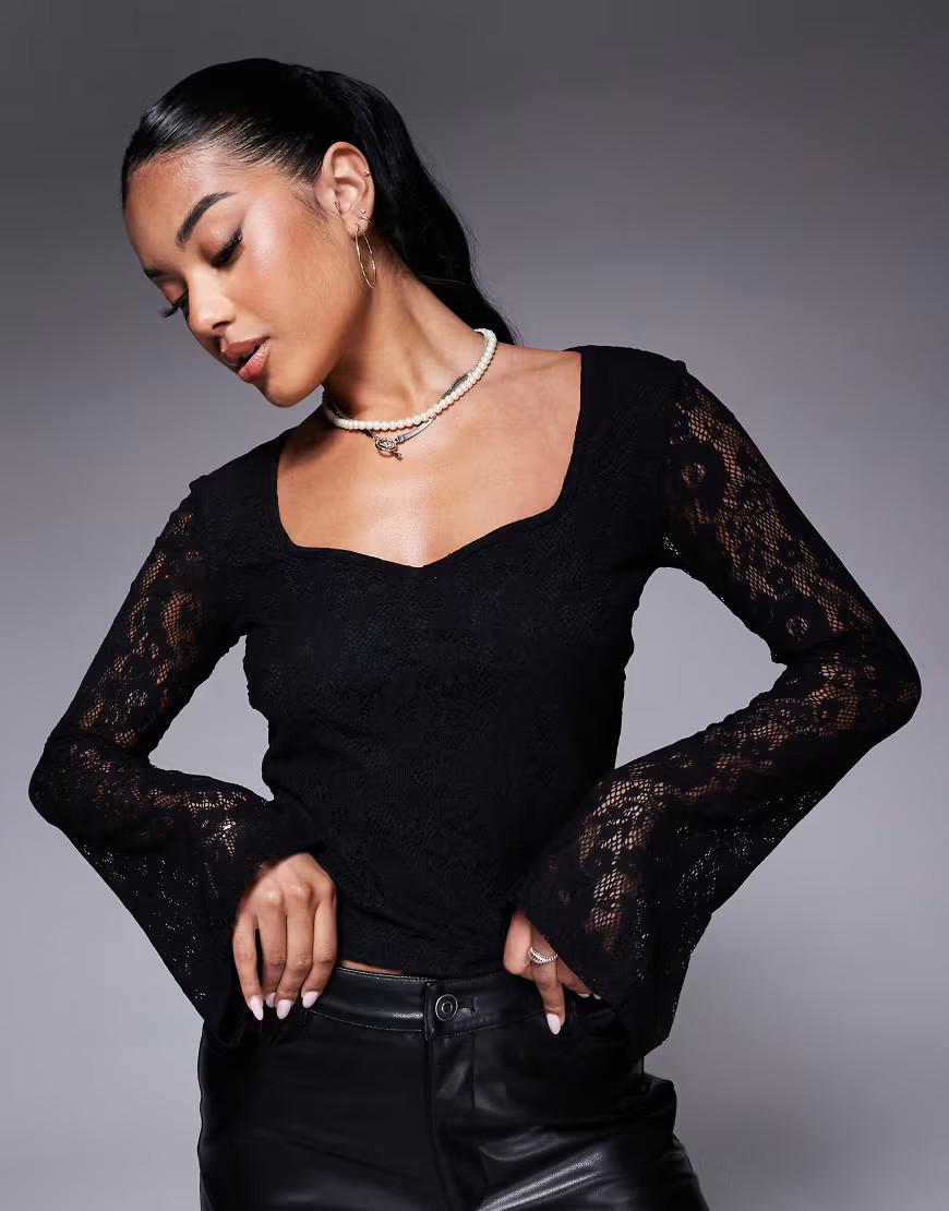 ASOS DESIGN sweetheart lace long sleeve top in black | ASOS (Global)