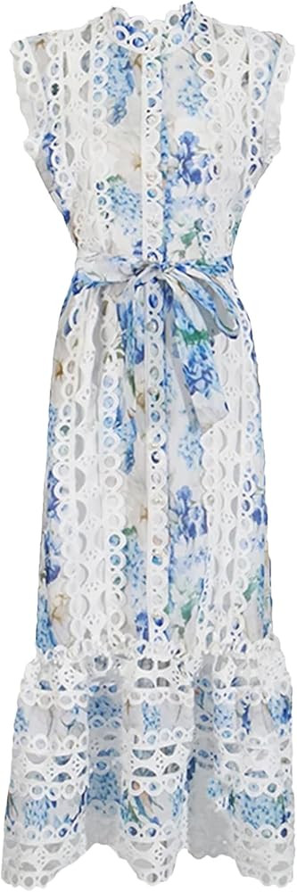 Yeuyyben Button Hollow Out Dress for Women Stand Collar Sleeveless High Waist Dresses with Lace U... | Amazon (US)