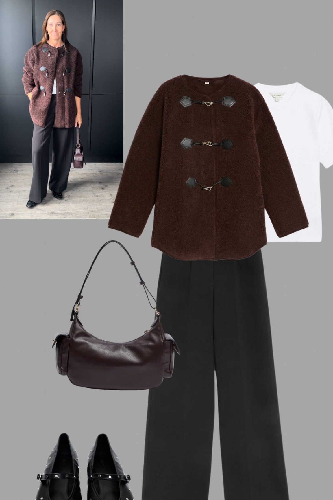 A chocolatey outfit with this brown Buckle coat, black crepe trousers, studded Mary Janes and the burgundy bag to pull it all together. All this autumn at M&S.
I’m wearing 10 reg trousers, 12 coat, 14 tee.

#LTKSeasonal #LTKover40 #LTKeurope