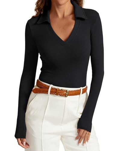 iGENJUN Womens Long Sleeve V Neck Polo Shirts Business Casual Collared Work Top Slim Fitted Basic 2025 Fall Shirt, Black,M | Amazon (US)