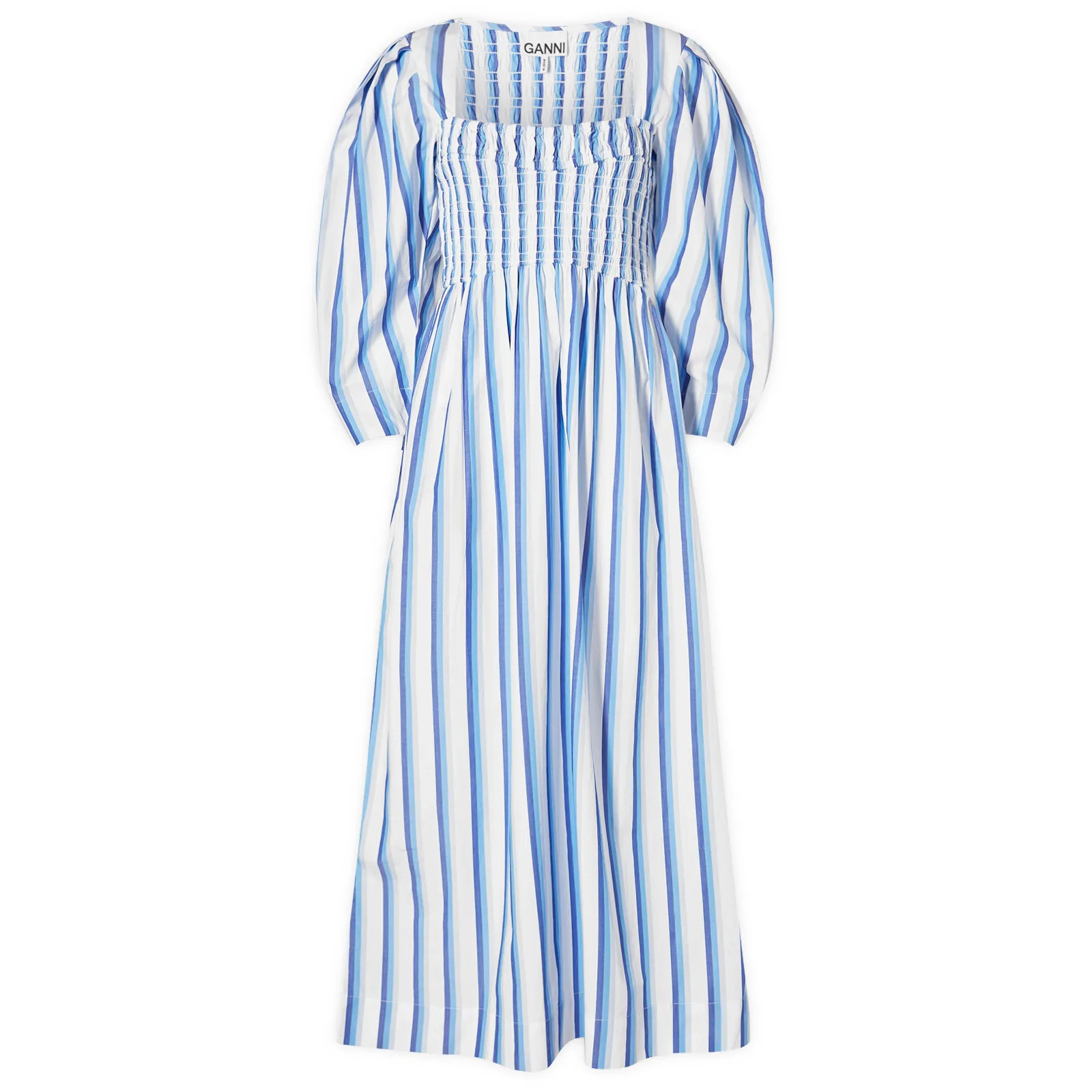 GANNI Women's Stripe Cotton Open-neck Smock Long Dress Silver Lake Blue | END. Clothing