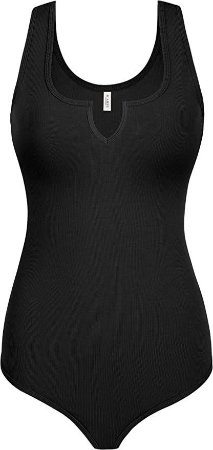 Missufe Women's Summer Sleeveless V Neck Sexy Thong Leotard Bodysuit Ribbed Knit Fitted Tank Tops | Amazon (US)